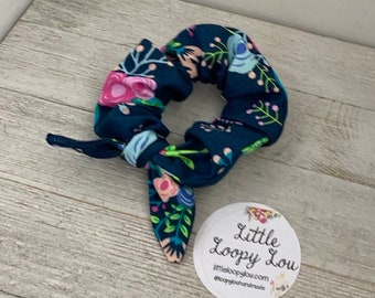 Floral Fusion Trendy Navy Blue Neon Floral Cotton Scrunchy Hair Tie, Ponytail Holder, Knot Bow, Hair Scarf – Ideal Gift for Your Best Friend