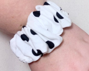 White with Black Polka Dot Cotton Scrunchy Hair Tie, Ponytail Holder, Knot Bow, Hair Scarf, Gift for Best Friend