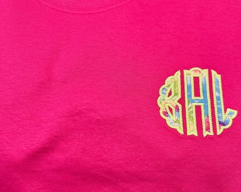 Pocket Monogram Shirt | Custom Tee Shirt | Tie Dye | Retro 90s Style | Circle Monogrammed Embroidery Unisex Short Sleeve | Hot Pink