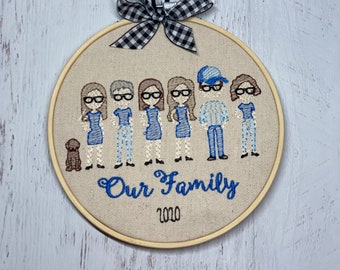 Embroidery Hoop Family Ornament, Embroidery Hoop Art, Mother's Day, Custom Family Wall, Sketch Style Hanging, Stick People,