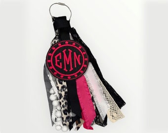 Hot Pink Black Color Bogg Bag Ribbon Tassel, Embroidery Monogram Bogg Bag Accessories, Initial Charm, Custom Bag Tag, Backpack Tag, Keychain