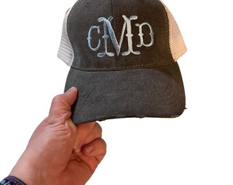 Monogram Embroidery Hat | Personalized Distressed Denim Gray with Cream Custom Letters | Western Monogrammed  Mesh Back Snapback | Dad Hat