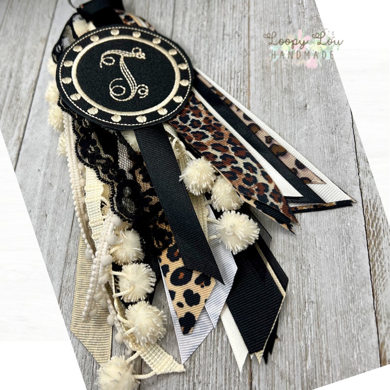 Leopard Animal Print, Embroidery Monogram Bogg Bag Accessory, Black Shimmer Initial Charm, Ribbon Tassel Tag, Keychain image 2