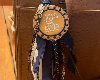 Boho Navy and Cream, Monogram Bogg Bag Accessories, Initial Charm, Custom Bag Tag, Personalized, Ribbon Tassel, Cable Twist Keychain