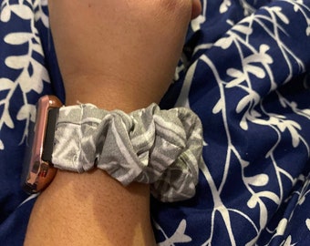 Gray Mudcloth Geometric  Scrunchy Watch Band Apple Watch Band, Fitbit Versa, Galaxy Smartwatch, Skin Friendly Strap, 20mm, 22mm