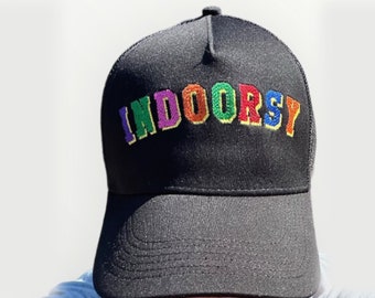 Indoorsy Embroidered Trucker Hat | Gift for Introverts | Baseball Cap | Neon Colors | Varsity Letters Black Snapback Hat | Summer Fun