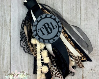 Leopard Animal Print, Gray Embroidery Monogram Bogg Bag Accessories, Initial Charm, Custom Backpack Tag, Ribbon Tassel, Keychain