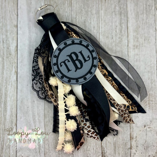 Leopard Animal Print, Gray Embroidery Monogram Bogg Bag Accessories, Initial Charm, Custom Backpack Tag, Ribbon Tassel, Keychain