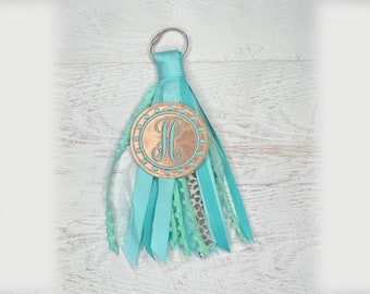 Rose Gold Aqua Bogg Bag Ribbon Tassel, Embroidery Monogram Bogg Bag Accessories, Initial Charm, Custom Bag Tag, Backpack Tag, Purse Keychain