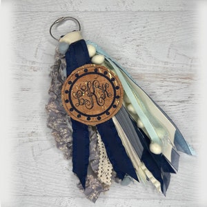 Boho Blues Color Bogg Bag Ribbon Tassel, Embroidery Monogram Bogg Bag Accessories, Initial Charm, Custom Bag Tag, Backpack Tag, Purse Charm