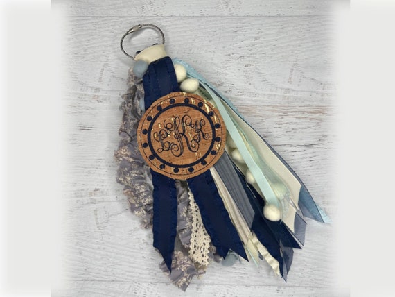 Monogram Ribbon Tassel Bag Charm, Navy Blue Embroidery, Custom Initial Tag