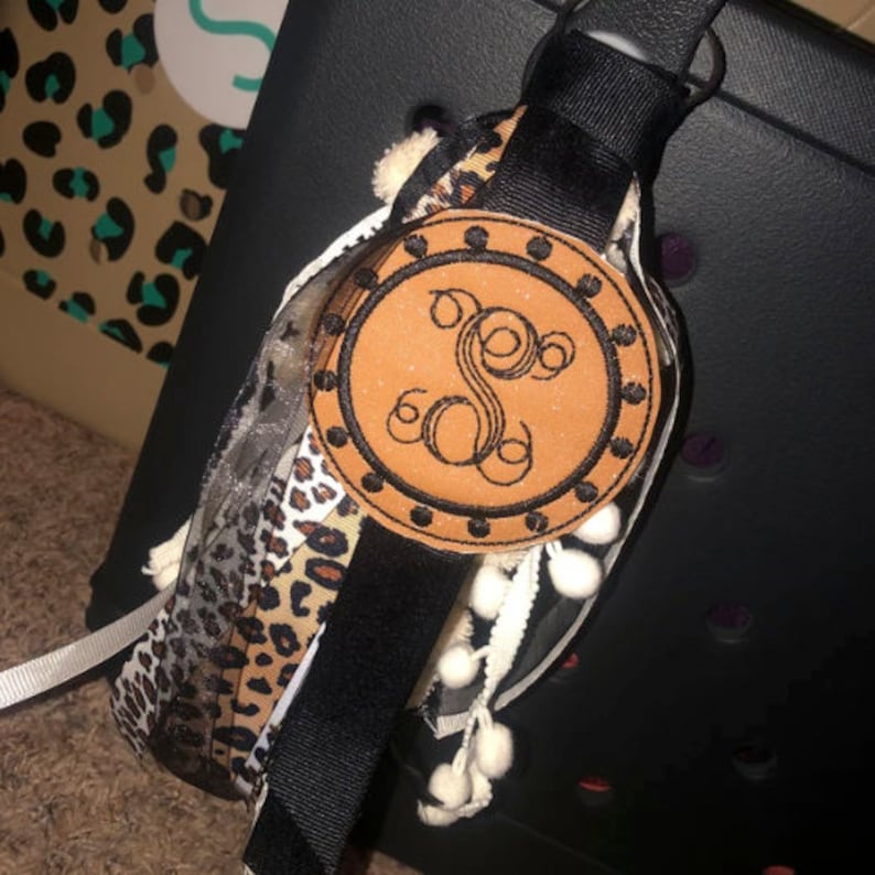 Leopard Animal Print, Embroidery Monogram Bogg Bag Accessory, Black Shimmer Initial Charm, Ribbon Tassel Tag, Keychain image 4