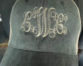 Monogram Embroidery Hat | Personalized Distressed Denim Gray with Cream Custom Initials | Vine Monogrammed Font | Mesh Back Snapback