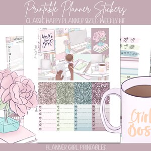DO DRUKU Zestaw klasycznych naklejek Happy Planner na tydzień | Hustle Hard Girl Boss | Naklejki do planowania cyfrowego Cricut Blackout Silhouette File