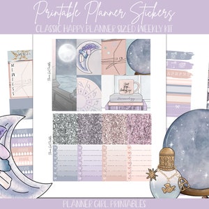 DO DRUKU Zestaw klasycznych naklejek Happy Planner na każdy tydzień | Celestial Moon Child | Naklejki do cyfrowego planowania Cricut Blackout Silhouette File