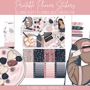 DO DRUKU Zestaw klasycznych naklejek Happy Planner na tydzień | Miss Chic Beauty Makeup | Naklejki do planowania cyfrowego Cricut Blackout Silhouette File
