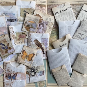Bolsos de diário de sucata feitos à mão. Pacote com 10. Suprimentos para diário de sucata. Bolsos de página de livro vintage.