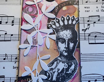 Mixed media art tag. Clockwork bird. Handmade keepsake. Journaling tag. Bookmark.