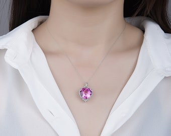 Silver 925 Lab-Created Pink Sapphire Heart Pendant with CZ