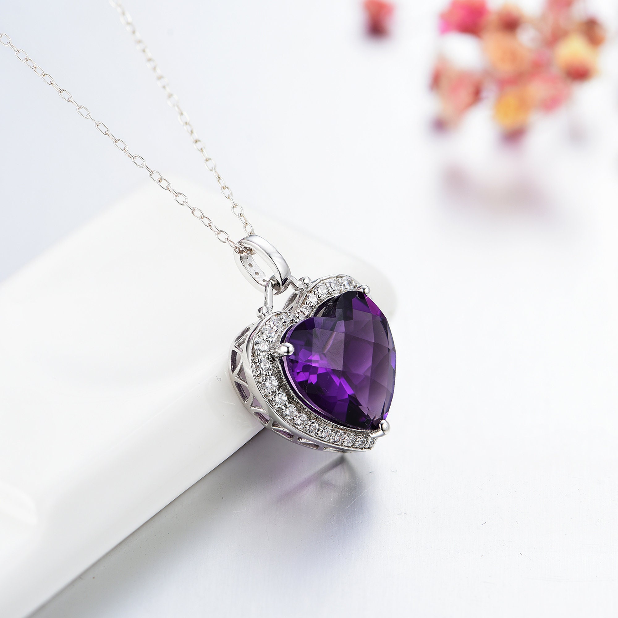 925 Silver Ruby Heart Pendant Necklace Amethyst and White Etsy