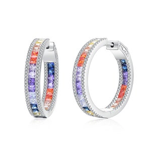 Rainbow Hoop Earrings: Sterling Silver CZ Inside Out Hoops (30mm)