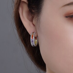 Rainbow hoop Earrings, 25mm Color Square cz hoop earring, Color Hoops,  Rainbow earrings,  Rainbow hoops,Multi color Hoop Earrings