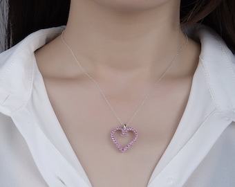 Sterling Silver Pink Sapphire Heart Pendant: CZ Accent