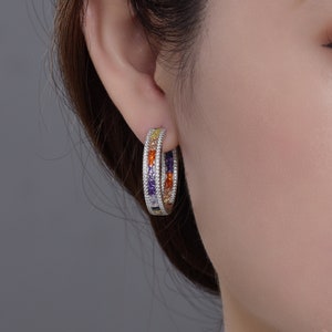 Rainbow Hoop Earrings: Sterling Silver CZ, 30mm Square Gemstone Hoops
