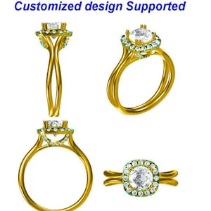 May include: A gold ring with a large, round, clear diamond surrounded by a halo of smaller diamonds. The ring has a delicate, twisted band.