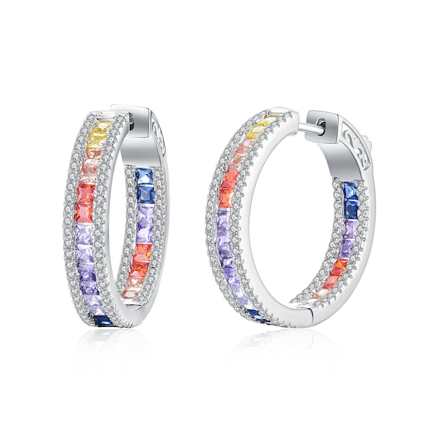 Rainbow hoop Earrings, 25mm Color Square cz hoop earring, Color Hoops,  Rainbow earrings,  Rainbow hoops,Multi color Hoop Earrings