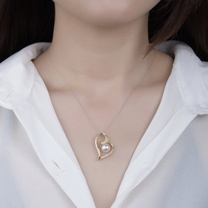 Sterling Silver Freshwater Pearl Heart Pendant: CZ Accent