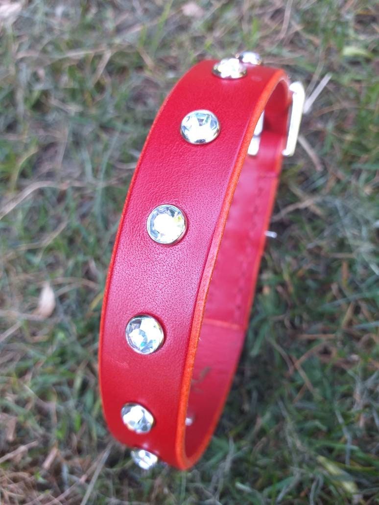 Red Leather Dog Collar with diamante studs small fits necks Etsy