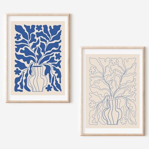 Minimal Blue botanical wall art, Flower and vase Print, Abstract Print, Contemporary Digital Print, Modern Home Decor, Wall Decor, 2 Prints