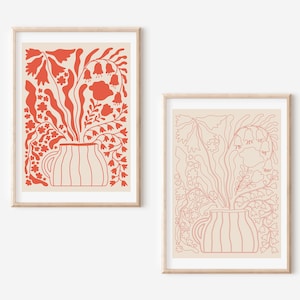 Minimal Red botanical wall art, Flower and vase Print, Abstract Print, Contemporary Digital Print, Modern Home Decor, Wall Decor, 2 Prints
