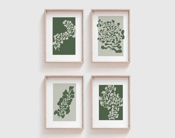 Set of 4, Abstract Botanical Prints, Green Boho wall art, Minimal Flower Print, Contemporary Digital Print, Modern Home Decor