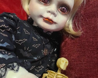 OOAK Handmade DEMON Baby GIRL Reborn Doll with Bat Dress and Skeleton Toy