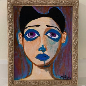 Outsider Art Painting, Original Bold Expressionist Framed Abstract Female Portrait, Woman with Big Purple Eyes, Blue Lipstick