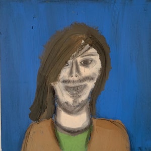Outsider Art Portrait; Original Naive Expressionist Extra Large Square Male Painting; Acrylic on Wood; Man with Long Hair, Beard & Mustache