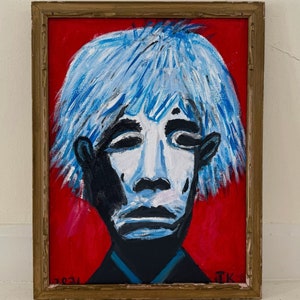 Outsider Art Portrait; Original Abstract Expressionist Contemporary Retro Naive Framed Male Painting; Man with Sad Face; Red Blue & White