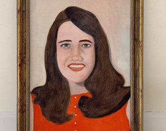 Vintage Portrait Painting; Original Mid-Century Framed Female Oil; Smiling Girl or Young Woman, Long Dark Hair, Orange Red Top