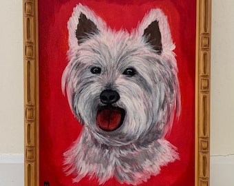 Outsider Art Dog Painting; Original Framed Contemporary Westie Pup Pet Portrait; Cute & Happy West Highland White Terrier