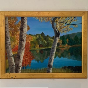 Vintage Fall Landscape Painting, Original 1960s Framed Oil, Lake Cottage & Docks, Water Reflections, Birch Trees, Changing Autumn Leaves