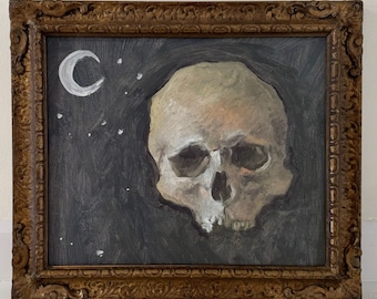 Original Surreal Painting Gothic Horror Abstract Human Skull Floating Void Night Crescent Moon Starry Sky Vanitas Memento Mori Antique Frame