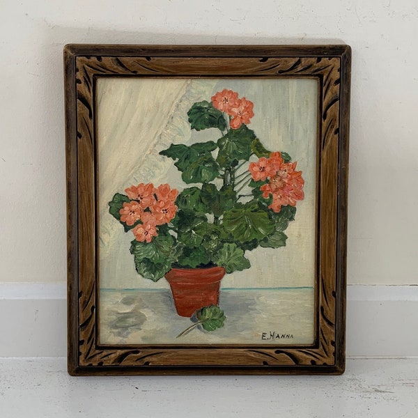 Vintage Painting Original Midcentury 1960s Gold Framed Floral Still Life Terracotta Pot Geraniums Window Sill Lacy Frilly White Curtains