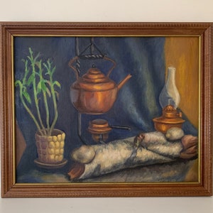 Vintage Original Painting, Framed Large Maine Kitchen Still Life, Copper Kettle, Warming Stand, Oil Lamp, Plant in Ceramic Planter