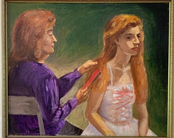 Mid-Century Women Painting; Original Large Vintage Framed Female Oil Portrait; Older Woman Combing Red Hair of Younger in Tutu Dress