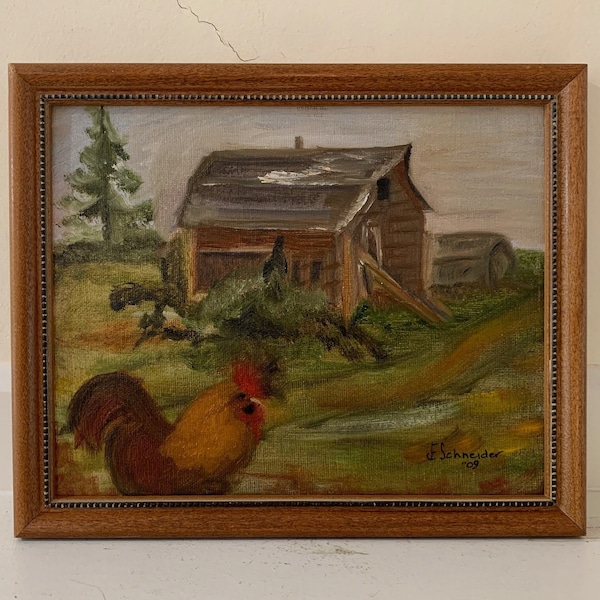 Landscape Painting Original Farmhouse Framed Oil on Canvas Board Rustic Rural Countryside Old Barn Chicken Coop Shed Rooster Pine Tree