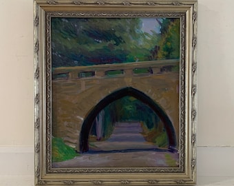 Vintage Original Painting Framed Architectural Impressionist Oil Landscape Arched Stone Bridge Road Path Through Woods