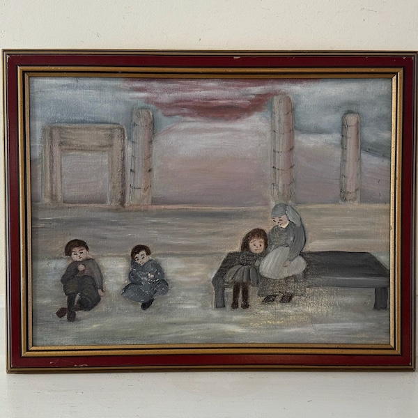 Vintage Original Painting 1960s Outsider Naive Folk Art Brut Oil Portrait Landscape Silos Cityscape Dystopia in Gray Red Pink