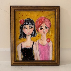 Outsider Art Female Portrait; Original Expressionist Fauvist Naive Shabby Chic Small Framed Painting; Two Women in Black & Pink